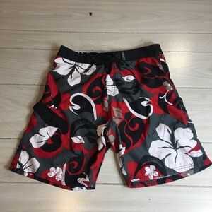 Maui Rippers Board Shorts Sz 38 Black Floral Tropical Print Beach Swim